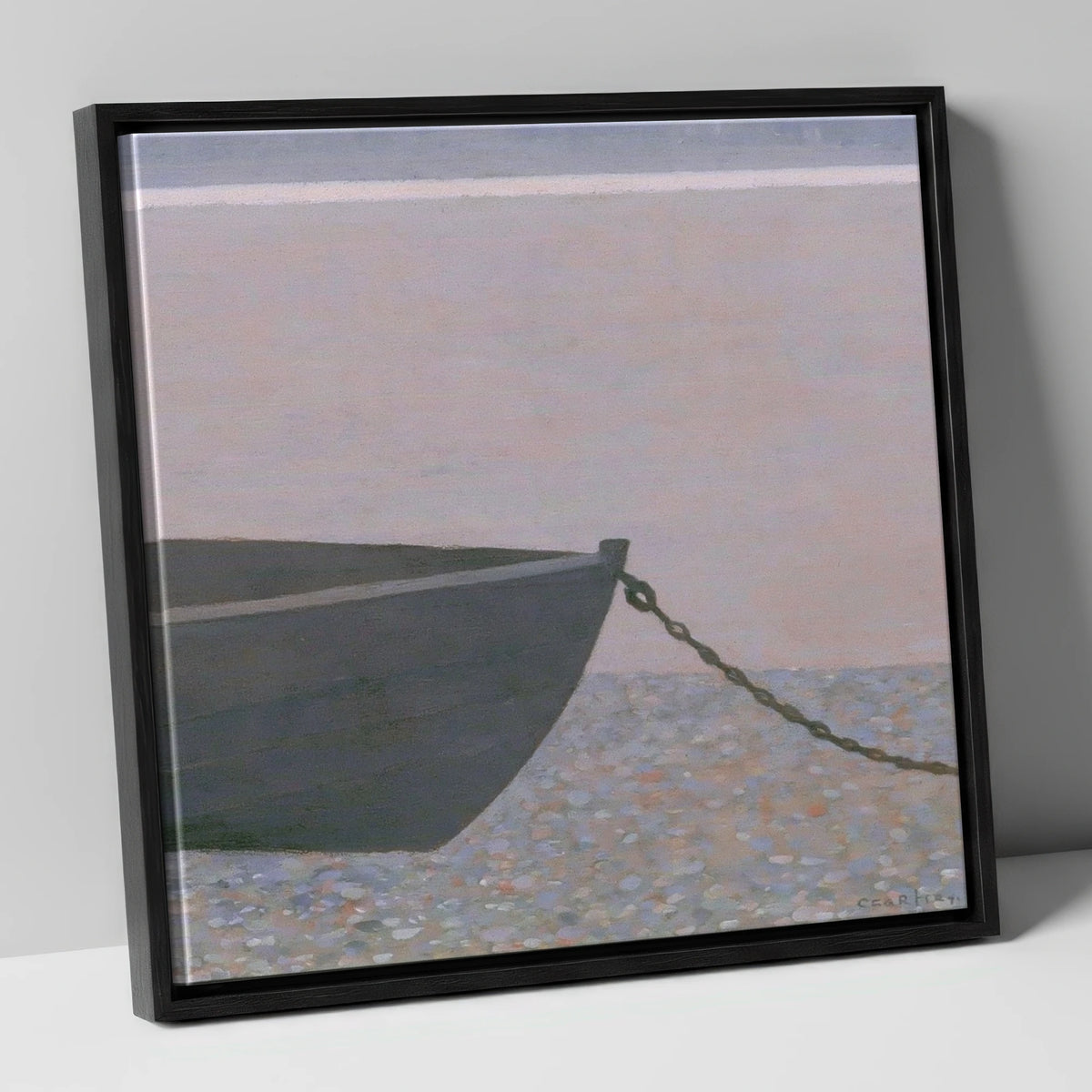 Windermere Boat on Pebble Shore lake district lake canvas wall art in black frame
