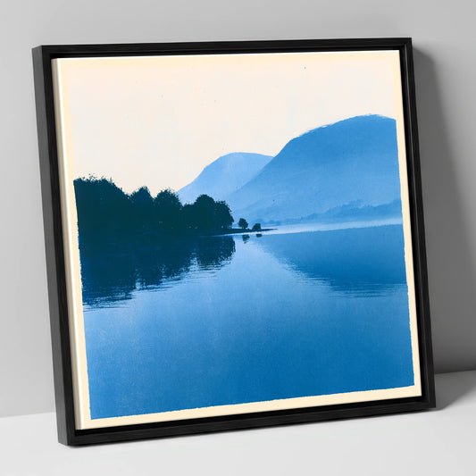 Still Lake Dawn in Blue lake district lake canvas wall art in black frame