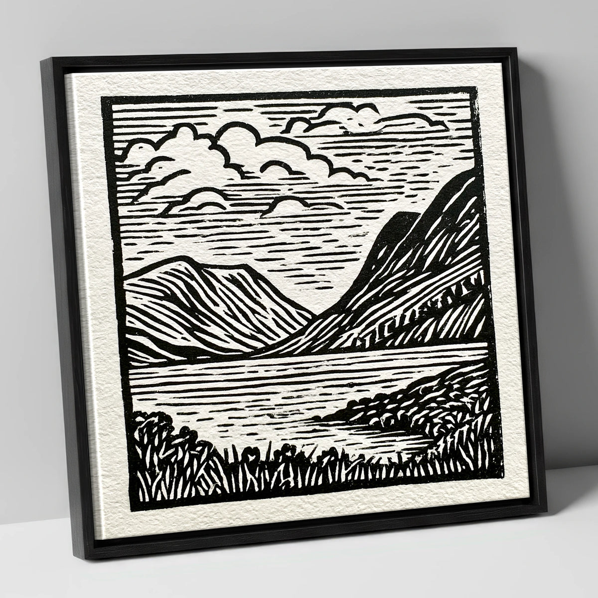 Graphic Fells of Crummock Water lake district lake canvas wall art in black frame