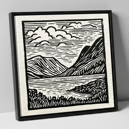 Graphic Fells of Crummock Water lake district lake canvas wall art in black frame
