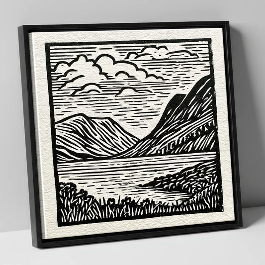 Graphic Fells of Crummock Water lake district lake canvas wall art in black frame