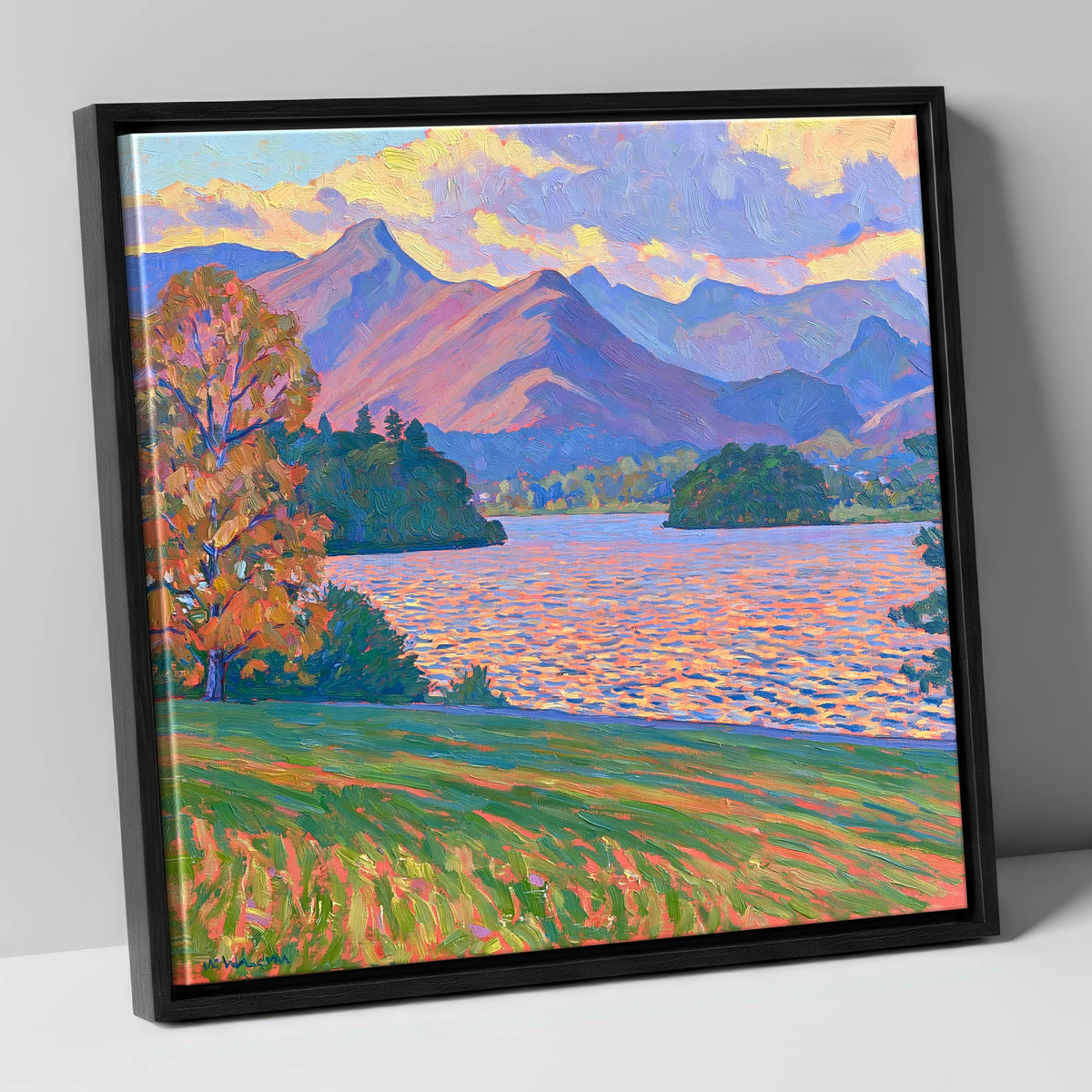 Radiant Derwentwater from Crow Park lake district village canvas wall art in black frame