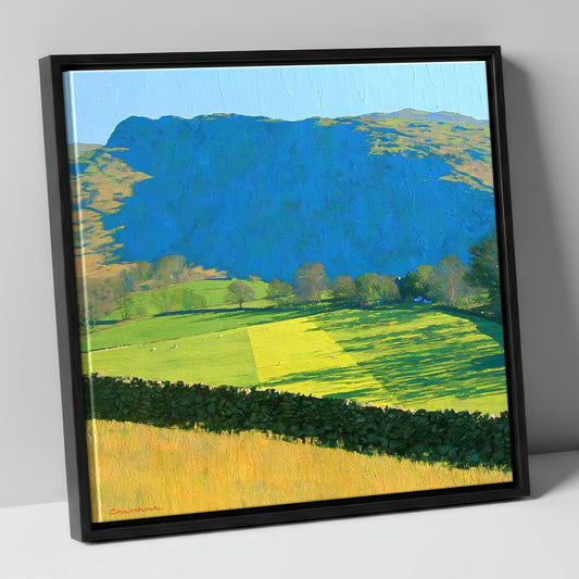 Sunlit Fields Below Troutbeck Tongue lake district fell canvas wall art in black frame