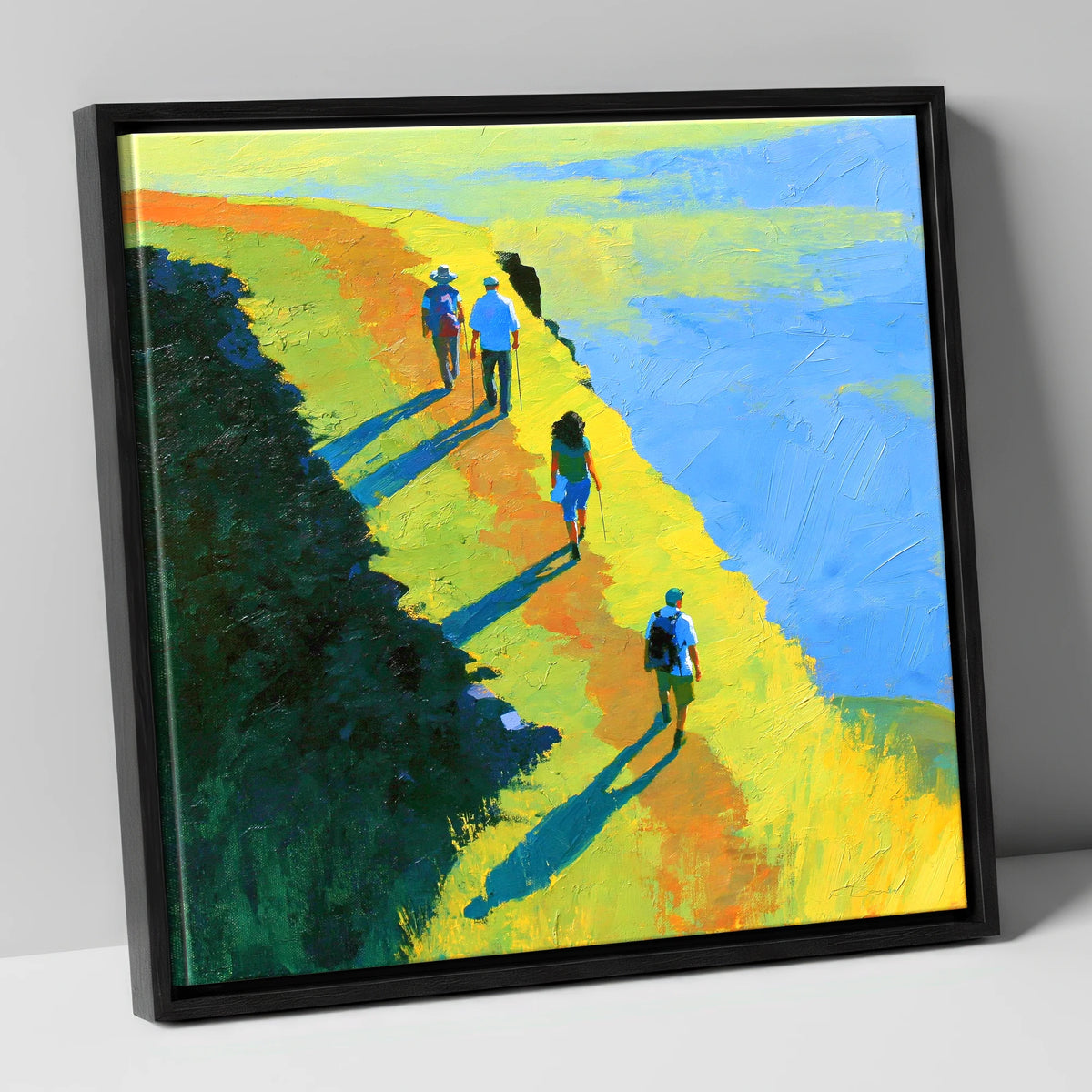 Fell Walkers on a Sunlit Ridge lake district fell canvas wall art in black frame