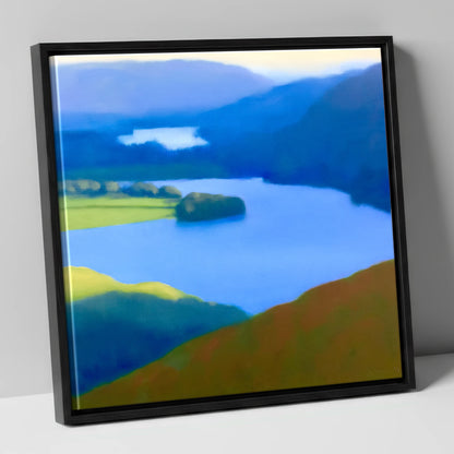Grasmere Lake in Ultramarine Blue lake district lake canvas wall art in black frame