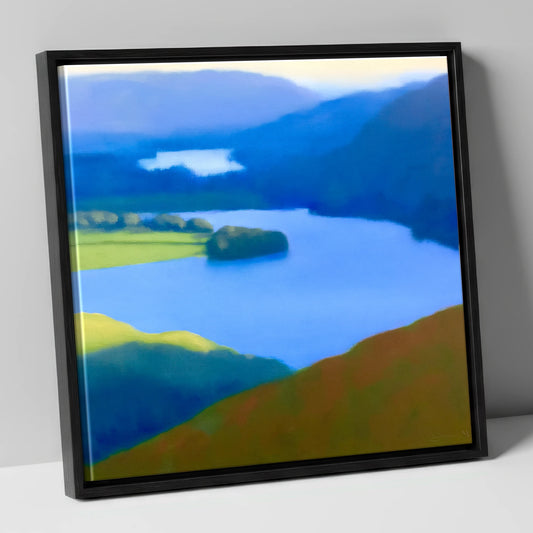Grasmere Lake in Ultramarine Blue lake district lake canvas wall art in black frame