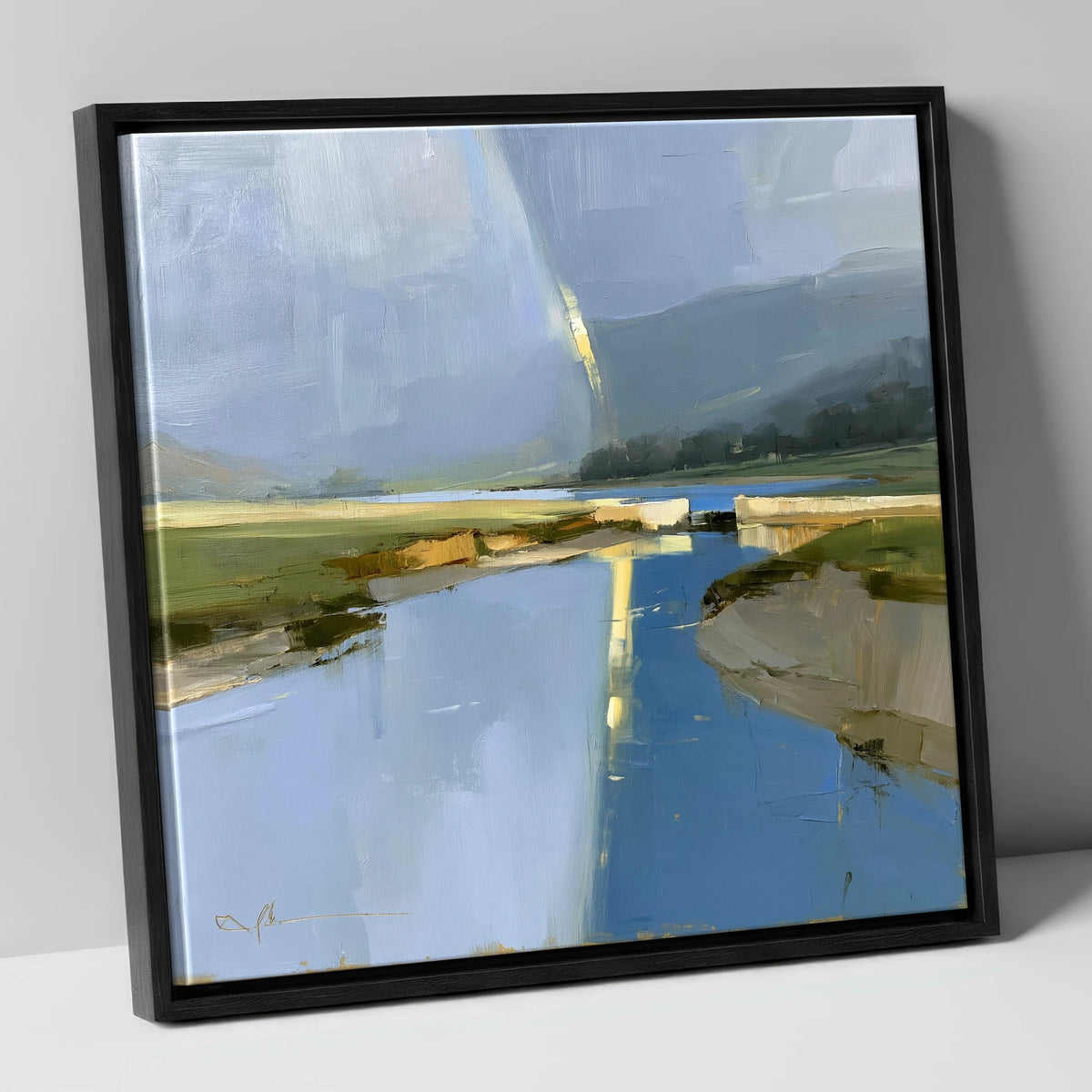 Golden Rainbow Over the River lake district sky canvas wall art in black frame