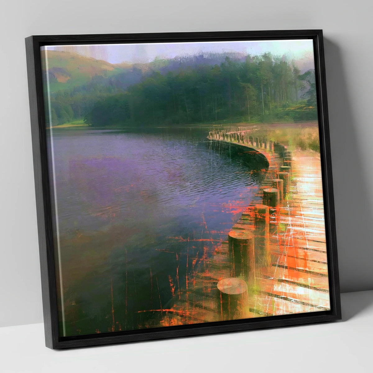 Tarn Hows Curving Boardwalk lake district lake canvas wall art in black frame