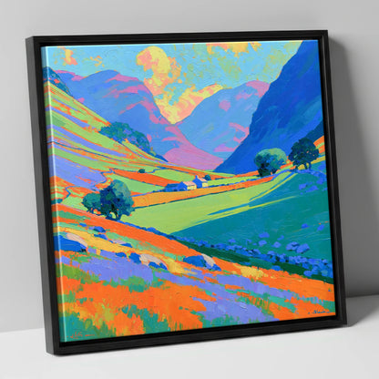 Valley Farm Beneath Bright Fells lake district valley canvas wall art in black frame
