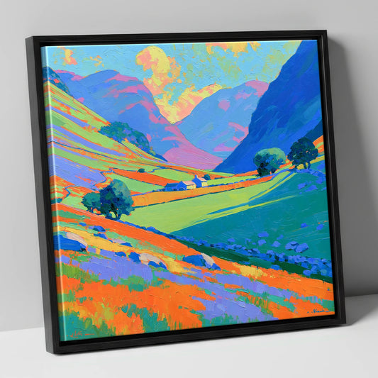 Valley Farm Beneath Bright Fells lake district valley canvas wall art in black frame
