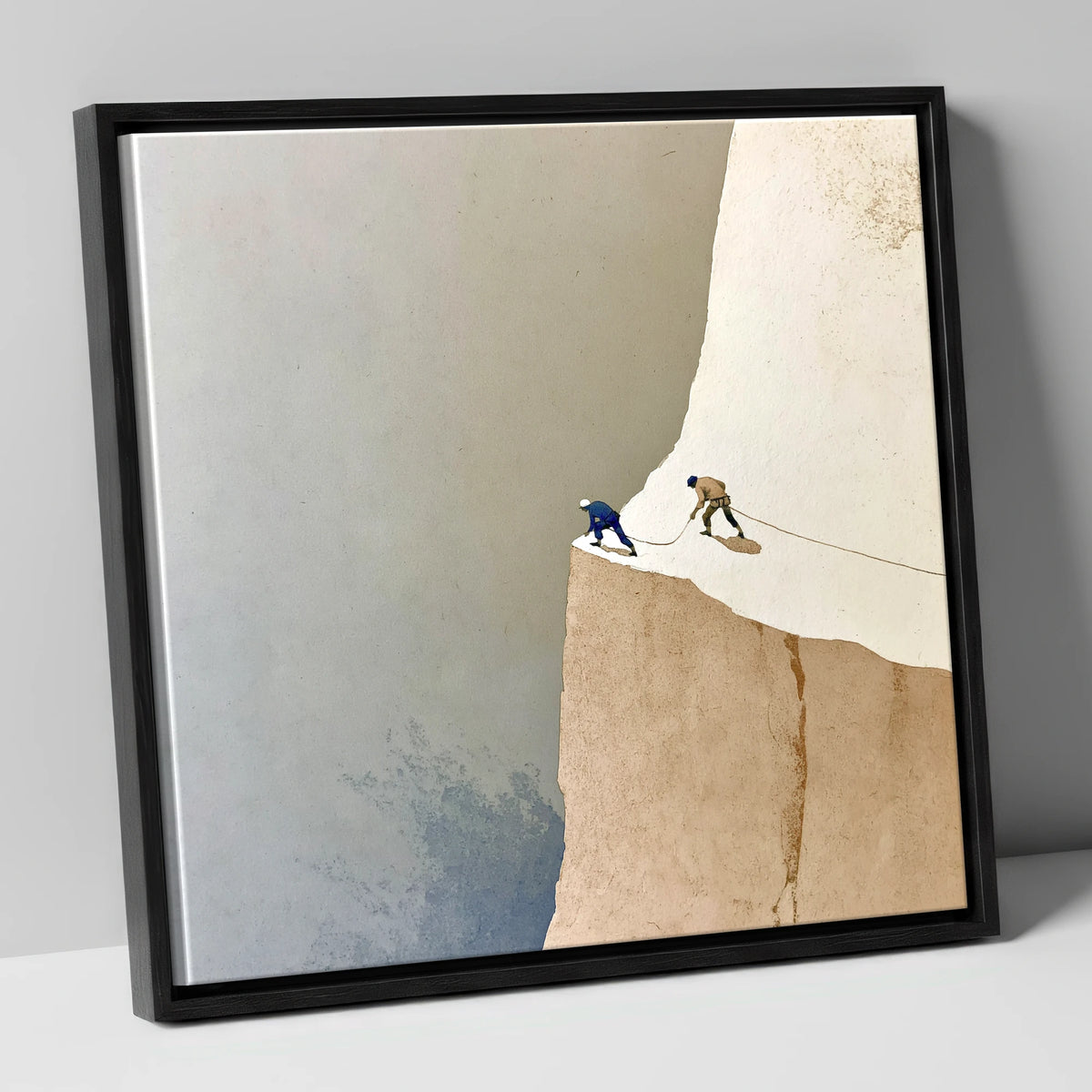 Climbers on a Misty Crag lake district walking canvas wall art in black frame