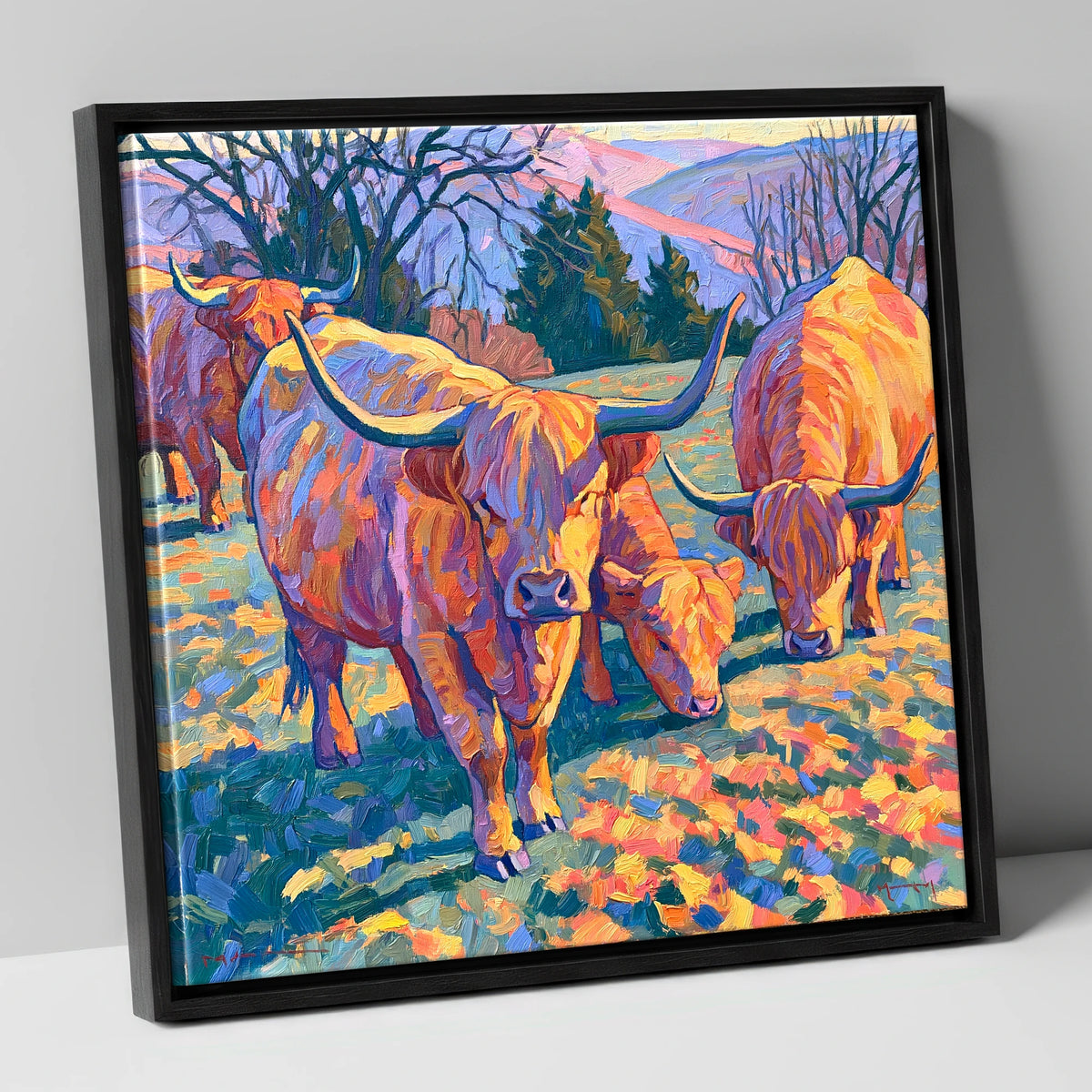Highland Cattle in Golden Fell Light lake district wildlife canvas wall art in black frame