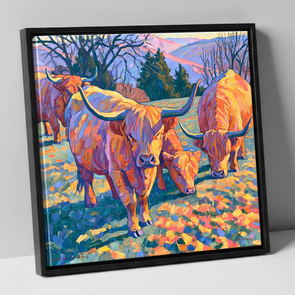 Highland Cattle in Golden Fell Light lake district wildlife canvas wall art in black frame
