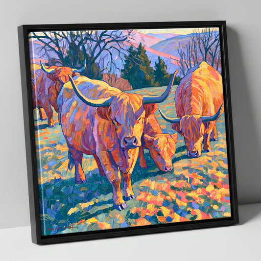 Highland Cattle in Golden Fell Light lake district wildlife canvas wall art in black frame