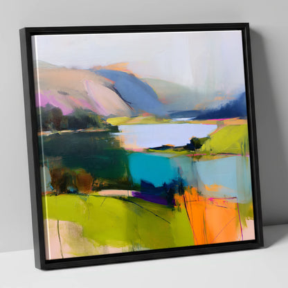 Teal Lake with Magenta Fells lake district lake canvas wall art in black frame