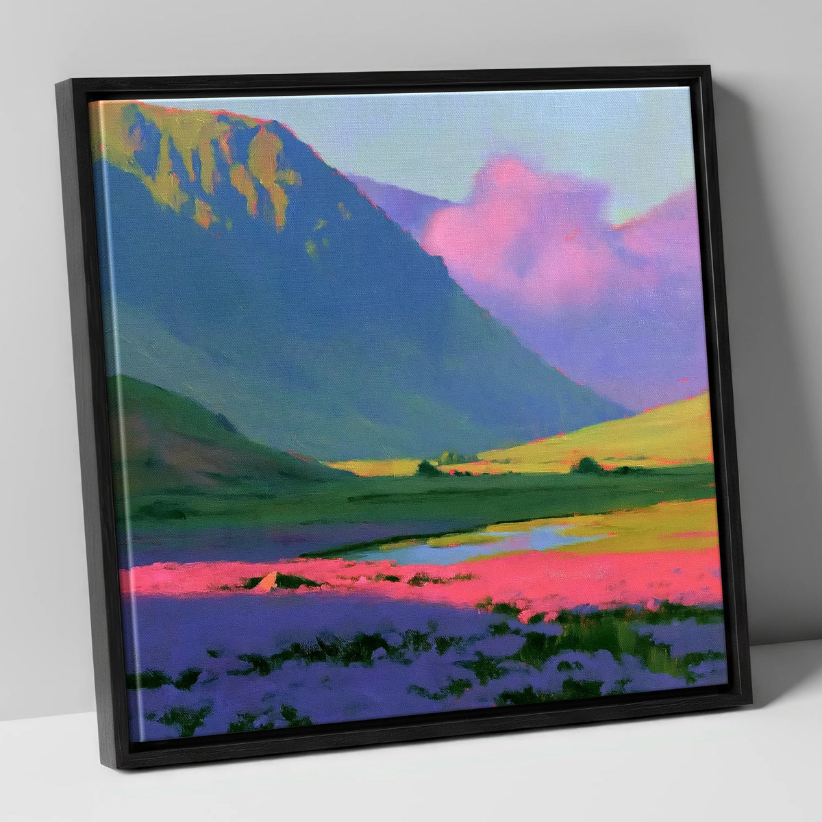Dramatic Magenta Heather Fellside flowers & fellsides canvas wall art in black frame