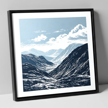 High Summit Valley in Navy lake district fell canvas wall art in black frame