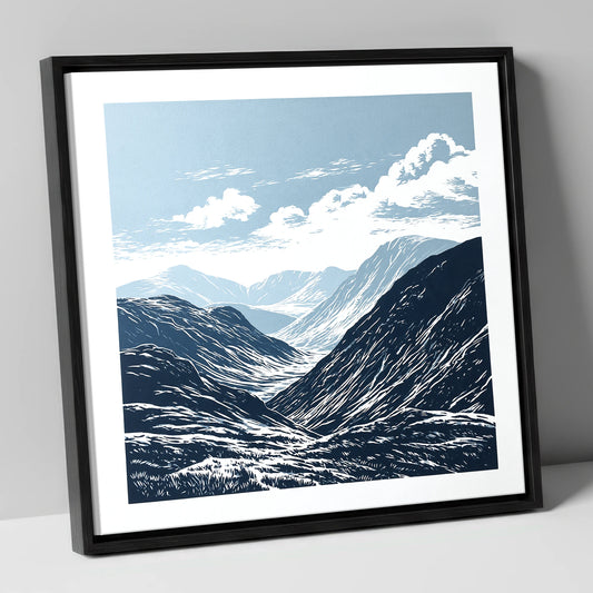 High Summit Valley in Navy lake district fell canvas wall art in black frame