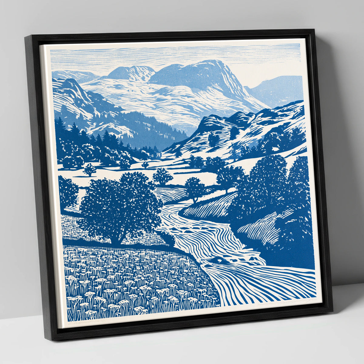 Cobalt Blue Eskdale Valley lake district valley canvas wall art in black frame
