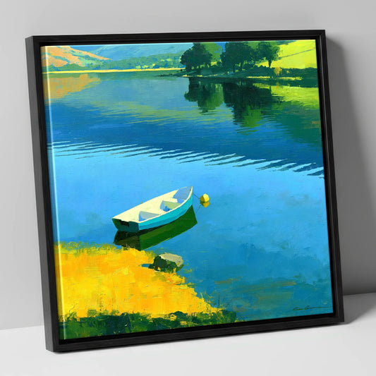 Blue Rowing Boat on Luminous Water lake district lake canvas wall art in black frame