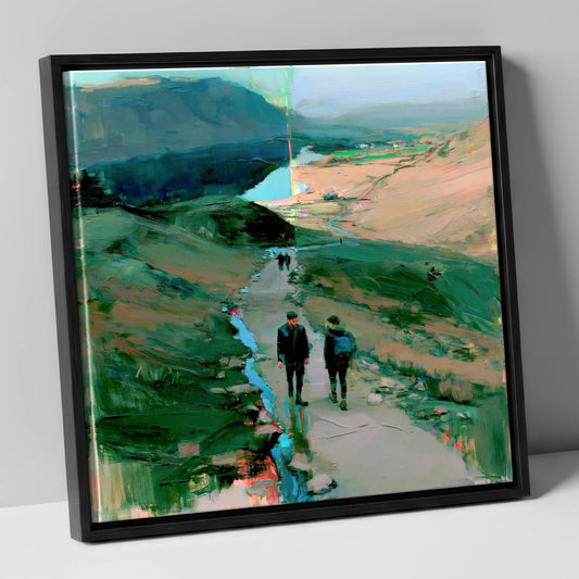 Mountain Hikers on the Fell Path lake district walking canvas wall art in black frame