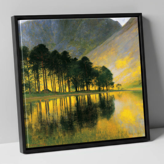 Buttermere Pines Mirrored in Gold lake district lake canvas wall art in black frame