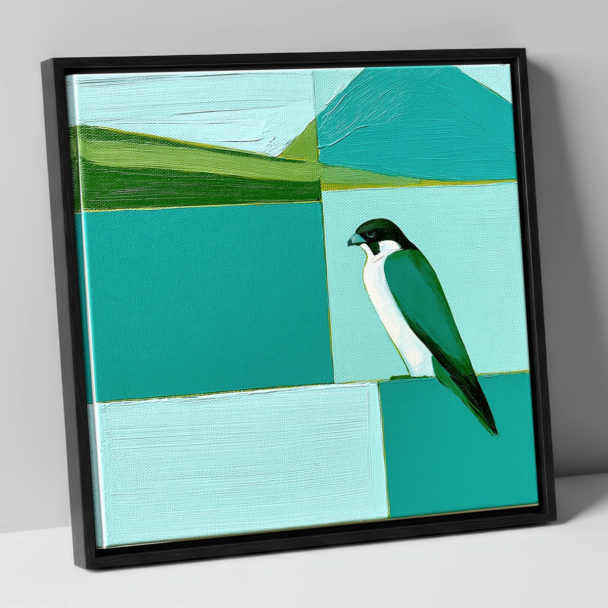 Peregrine Falcon Against Teal Fells lake district wildlife canvas wall art in black frame