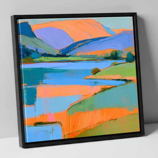 Vibrant Orange Fells and Lake lake district lake canvas wall art in black frame