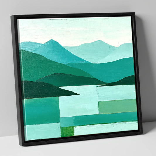 Layered Teal Fells of Windermere lake district lake canvas wall art in black frame