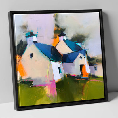 Colourful Slate Roofed Cottages lake district village canvas wall art in black frame