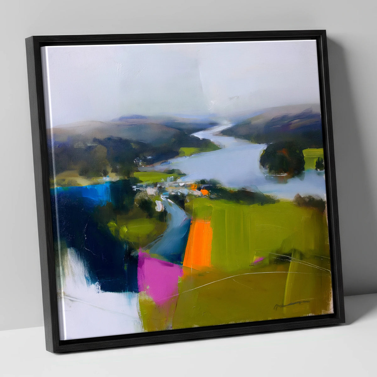 Vibrant Ambleside Lake View lake district village canvas wall art in black frame