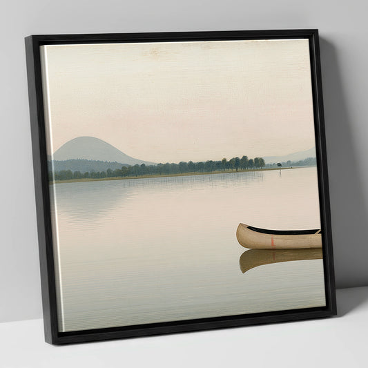 Wooden Canoe on Pale Windermere lake district lake canvas wall art in black frame