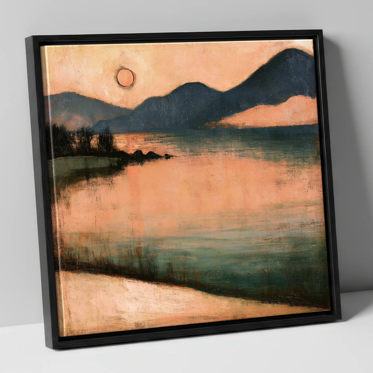 Terracotta Sunset Over Lakeland Water lake district lake canvas wall art in black frame