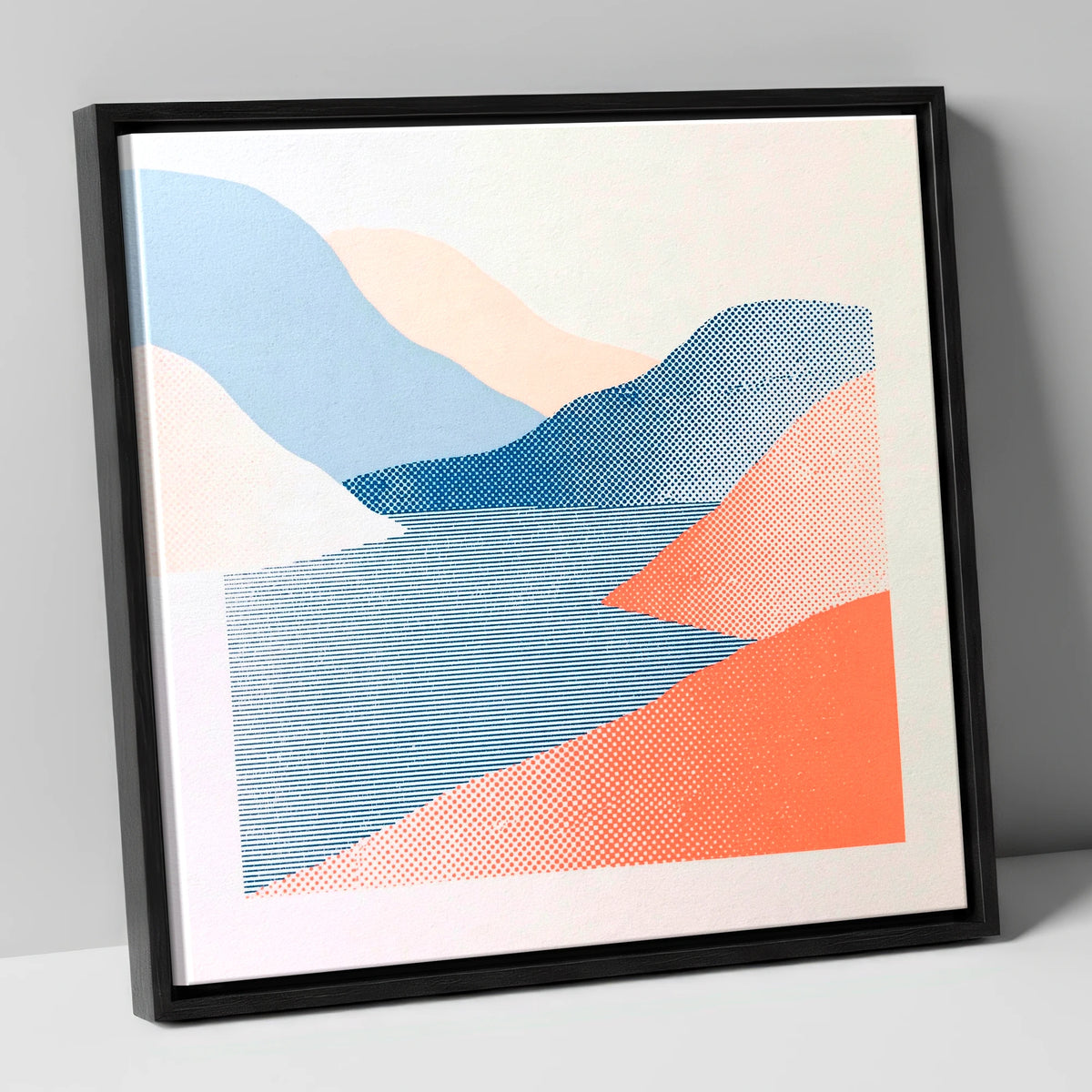 Graphic Coral and Blue Fells lake district lake canvas wall art in black frame