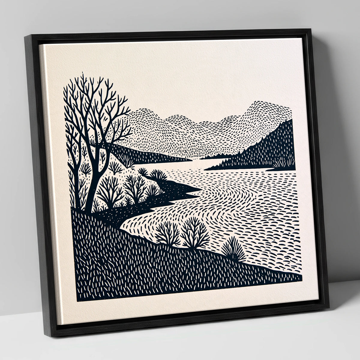 Stark Trees at Coniston Water lake district lake canvas wall art in black frame
