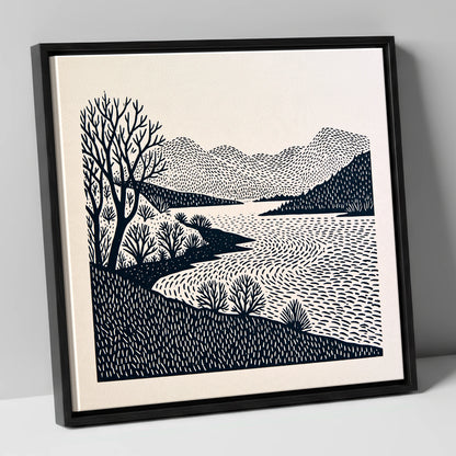 Stark Trees at Coniston Water lake district lake canvas wall art in black frame