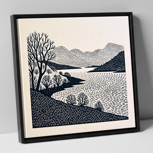 Stark Trees at Coniston Water lake district lake canvas wall art in black frame