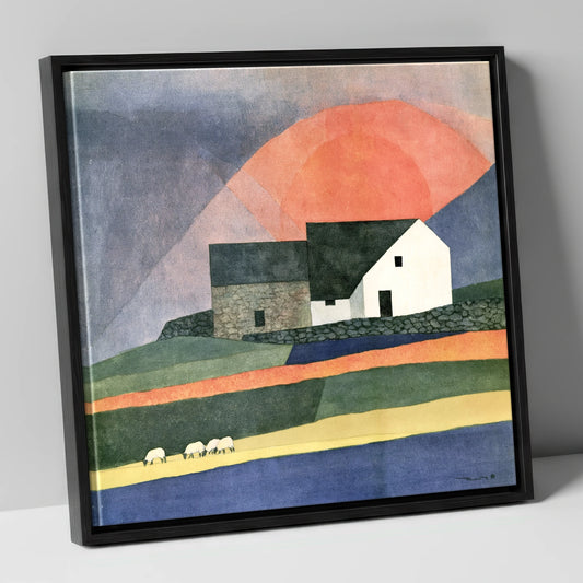 Stone Cottage Under Terracotta Sun lake district village canvas wall art in black frame