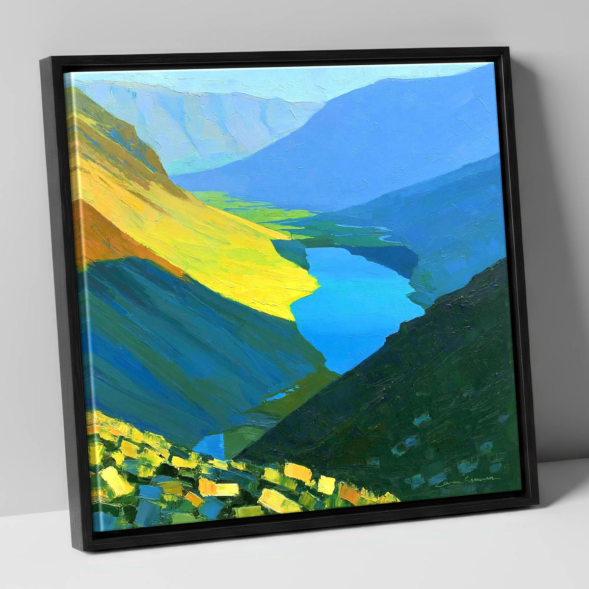 Vibrant Summit View Over Valley Lake lake district fell canvas wall art in black frame