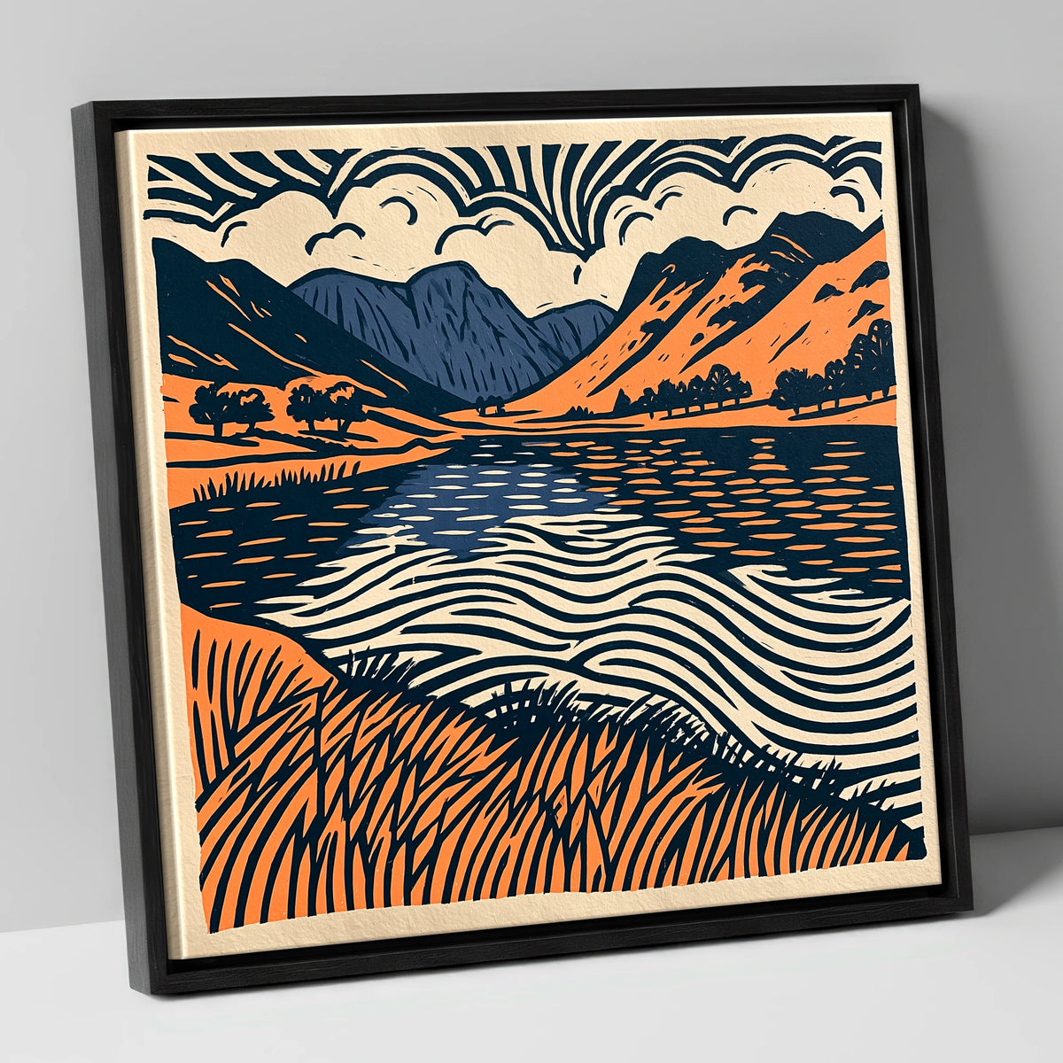 Calm Lake in Navy and Terracotta lake district lake canvas wall art in black frame