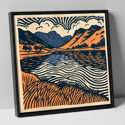 Calm Lake in Navy and Terracotta lake district lake canvas wall art in black frame