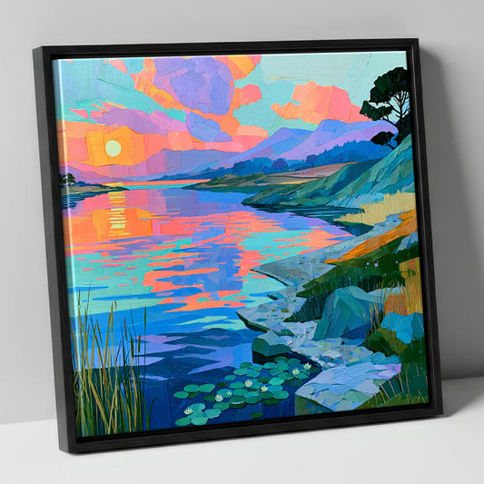 Vibrant Sunset Over the Water lake district lake canvas wall art in black frame