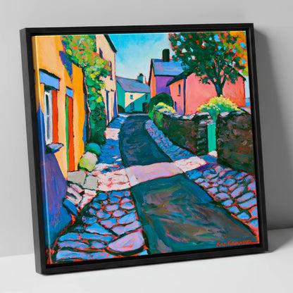 Vibrant Cobbled Village Street lake district village canvas wall art in black frame