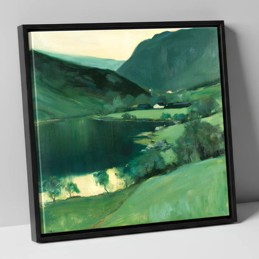 Mountain Lake in Emerald Green lake district lake canvas wall art in black frame