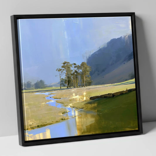 Haystacks and the Meandering Beck lake district fell canvas wall art in black frame