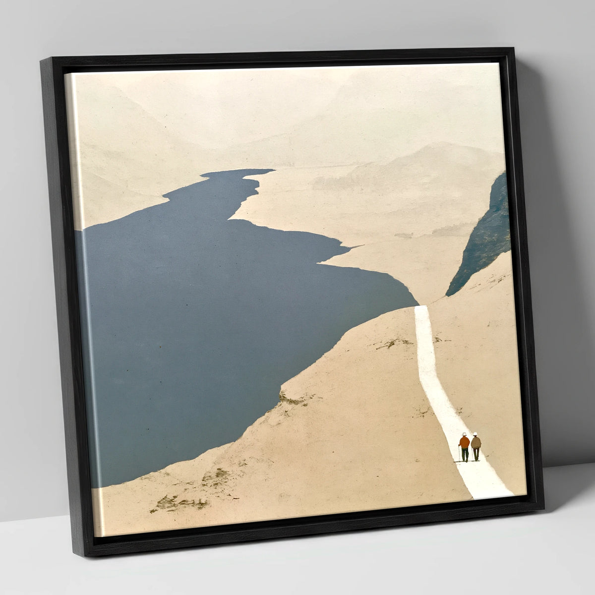 Walkers on a White Mountain Path lake district walking canvas wall art in black frame