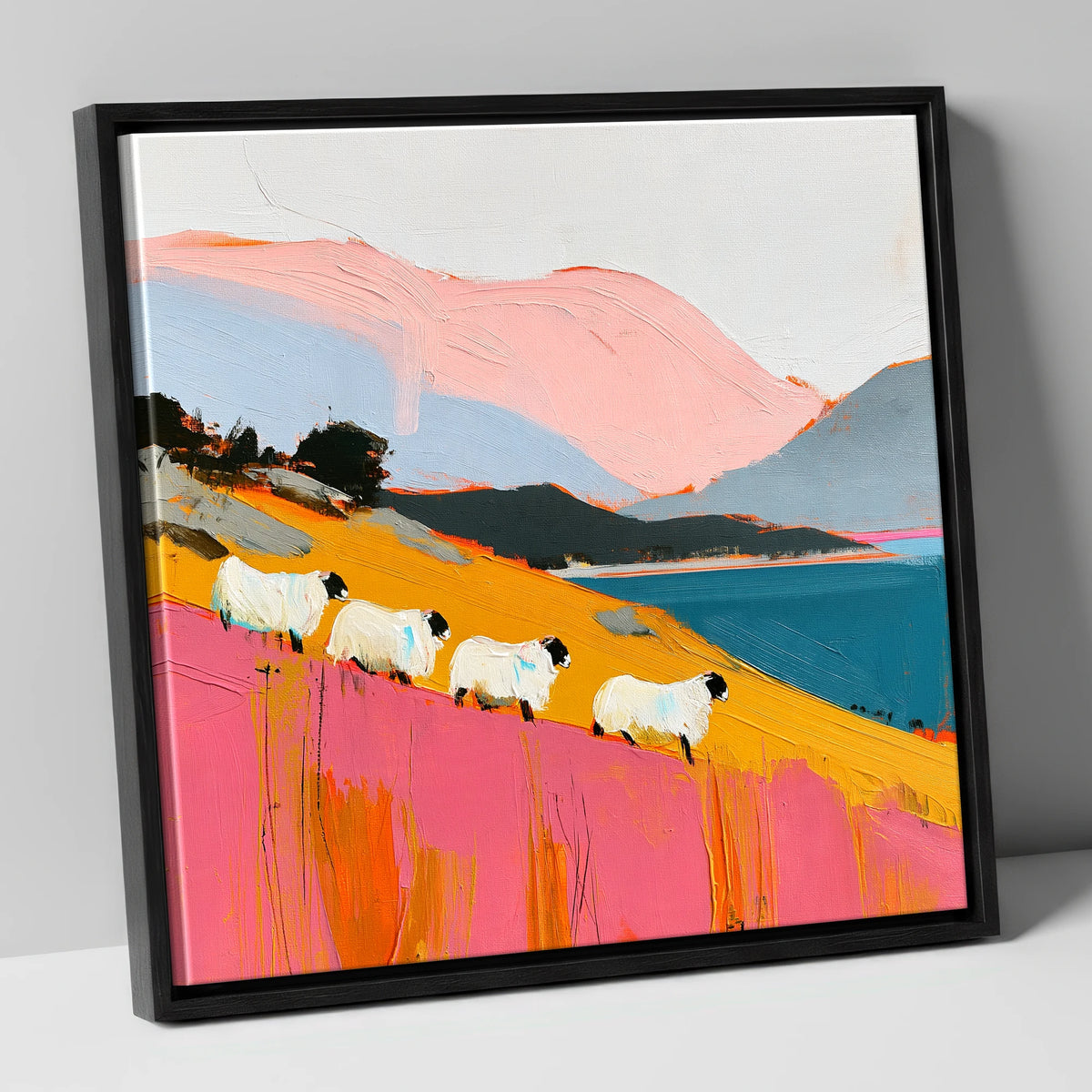 Vibrant Herdwicks Above Teal Lake lake district wildlife canvas wall art in black frame