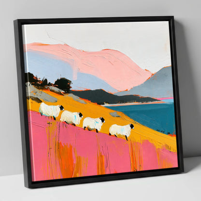 Vibrant Herdwicks Above Teal Lake lake district wildlife canvas wall art in black frame