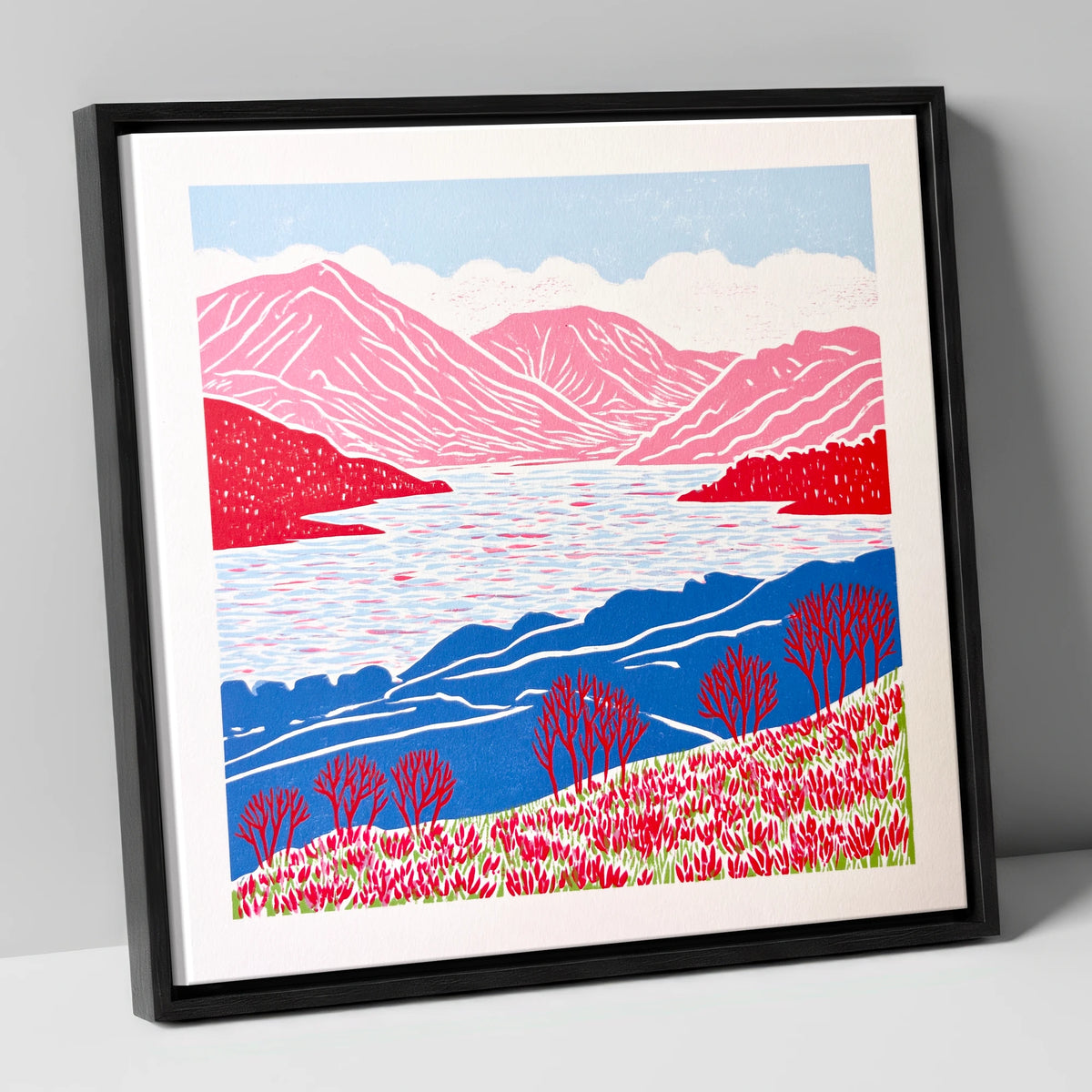 Bold Pink Fells Above Ennerdale lake district valley canvas wall art in black frame