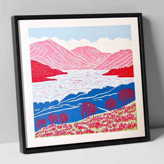 Bold Pink Fells Above Ennerdale lake district valley canvas wall art in black frame